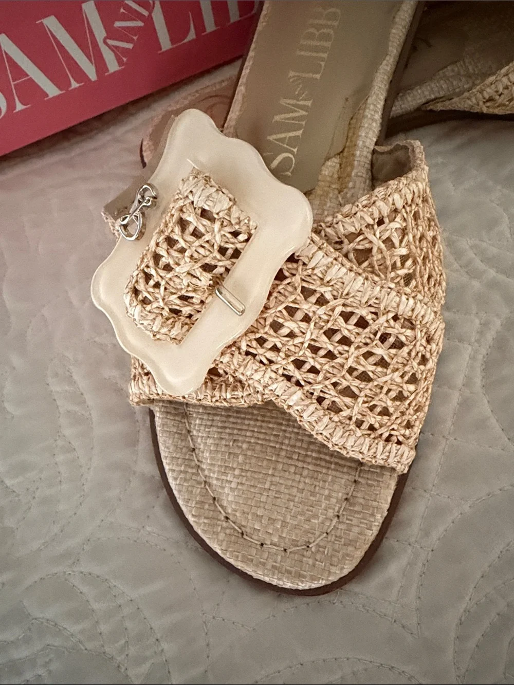 Sam and Libby Natural Raffia Slide Sandals with Decorative Buckle